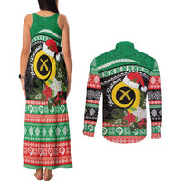 Vanuatu Pig's Tusk Meri Krismas! Couples Matching Tank Maxi Dress and Long Sleeve Button Shirt Vanuatuan Sand Drawing Pattern - Polynesian Pride