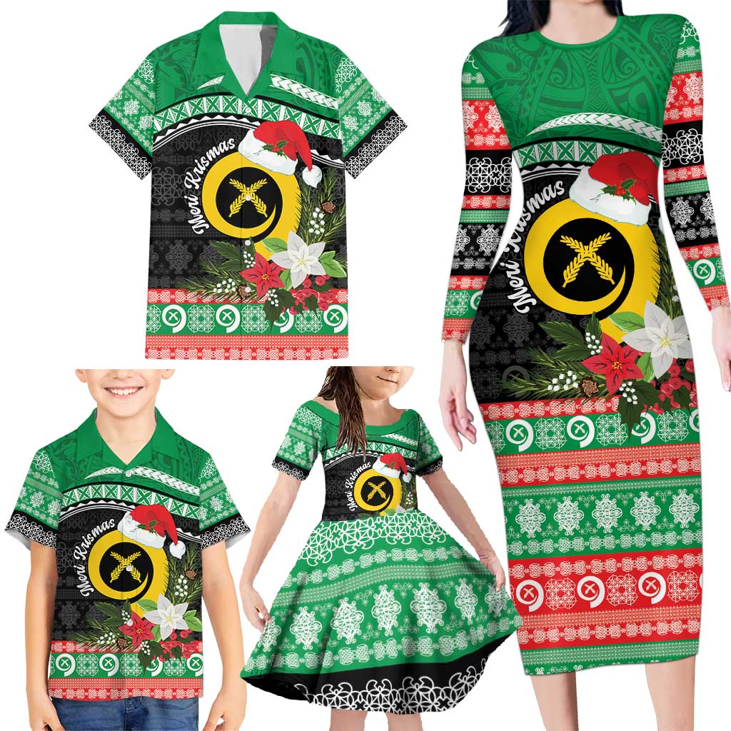 Vanuatu Pig's Tusk Meri Krismas! Family Matching Long Sleeve Bodycon Dress and Hawaiian Shirt Vanuatuan Sand Drawing Pattern - Polynesian Pride