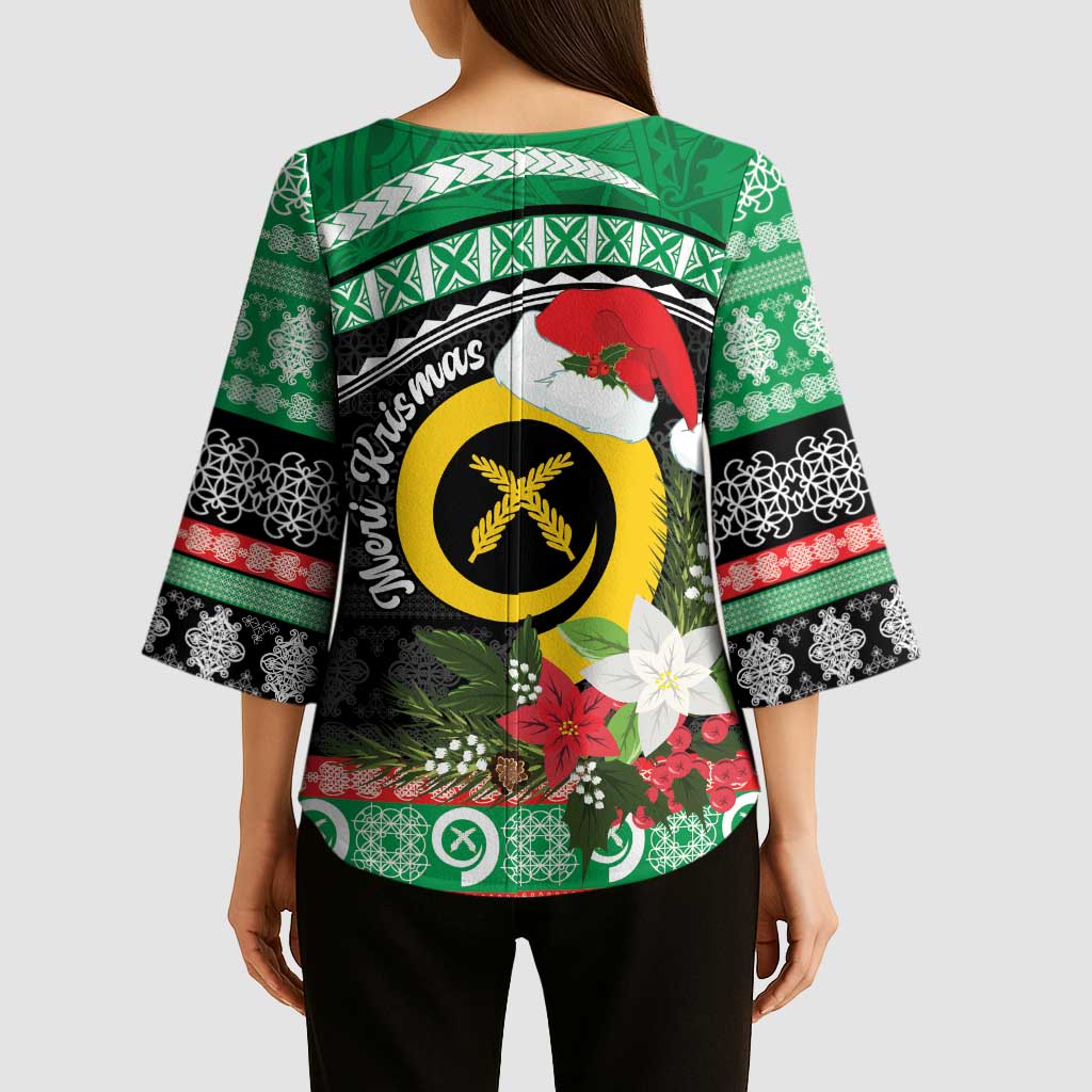 Vanuatu Pig's Tusk Meri Krismas! Kimono Sleeve Blouse Vanuatuan Sand Drawing Pattern - Polynesian Pride