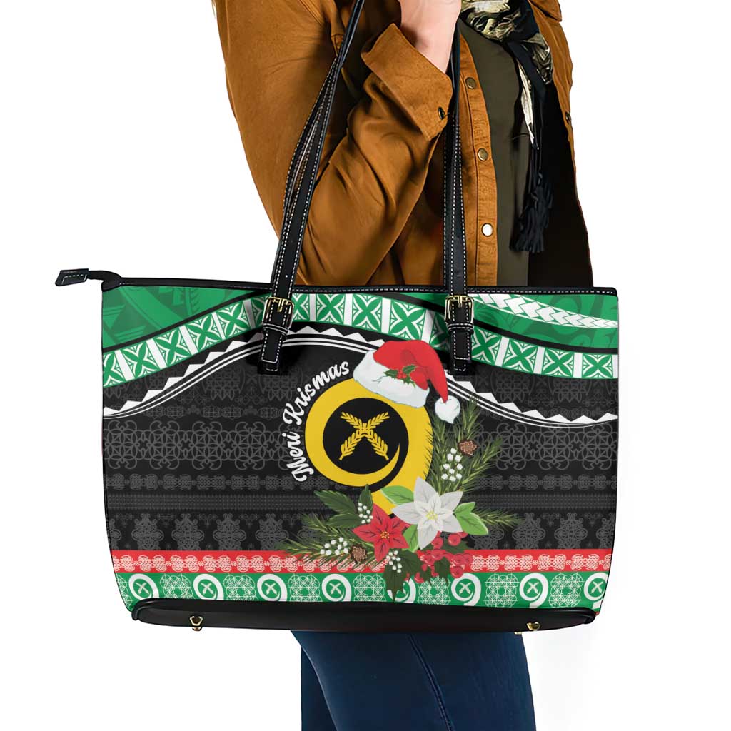 Vanuatu Pig's Tusk Meri Krismas! Leather Tote Bag Vanuatuan Sand Drawing Pattern - Polynesian Pride