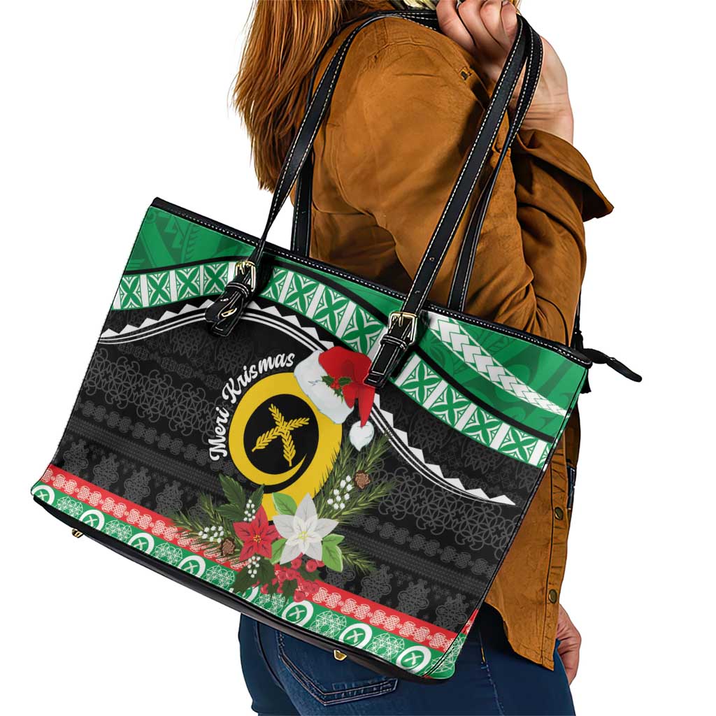 Vanuatu Pig's Tusk Meri Krismas! Leather Tote Bag Vanuatuan Sand Drawing Pattern - Polynesian Pride