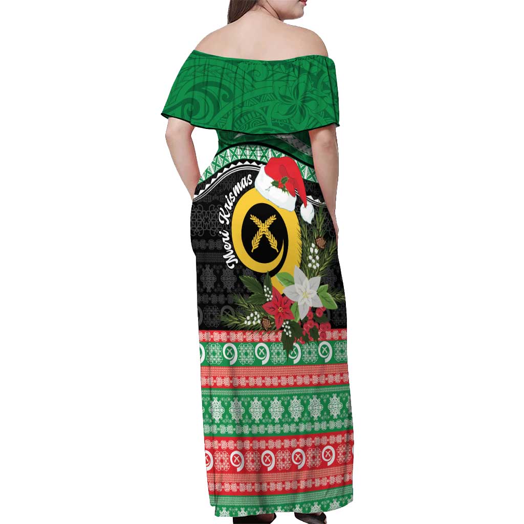 Vanuatu Pig's Tusk Meri Krismas! Off Shoulder Maxi Dress Vanuatuan Sand Drawing Pattern - Polynesian Pride