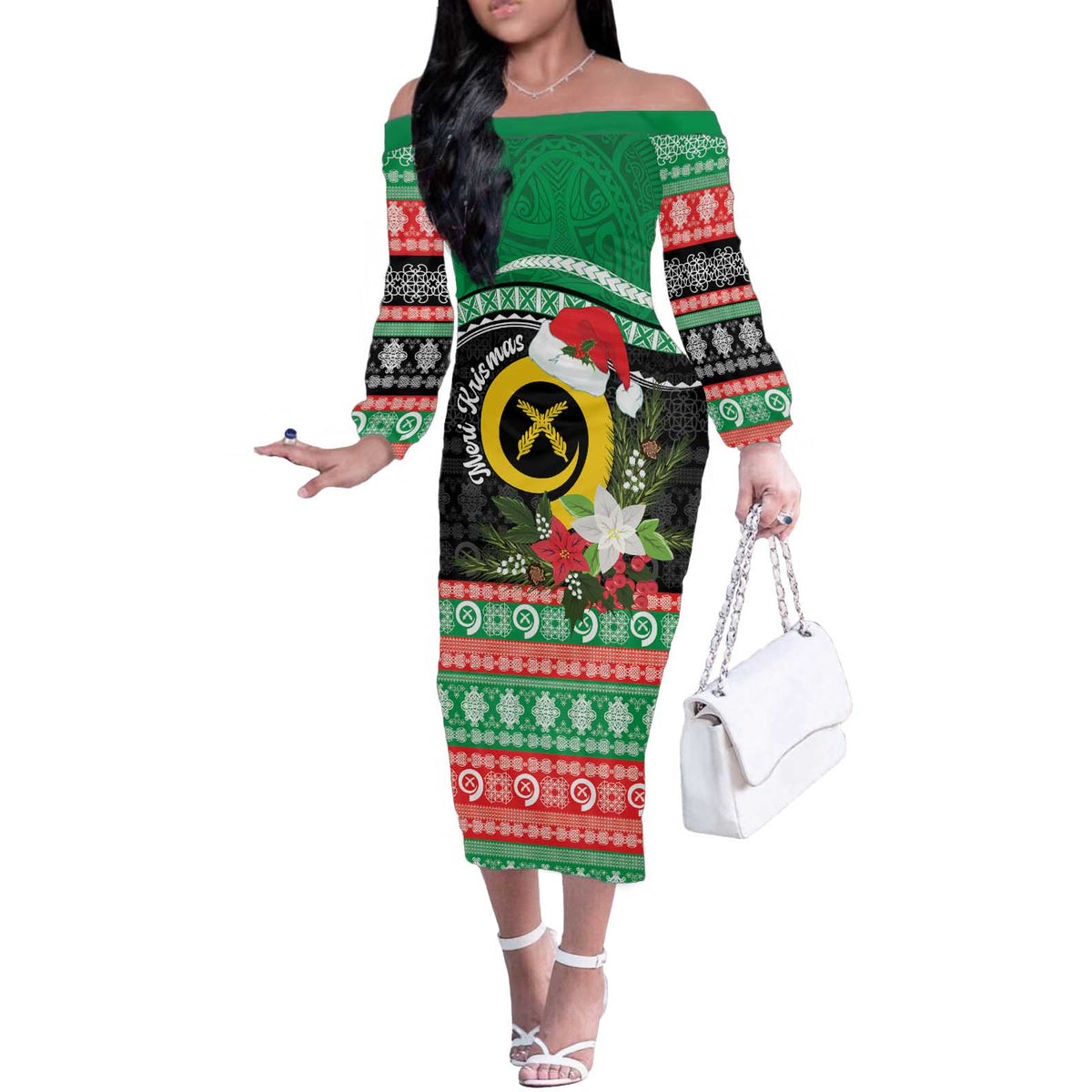 Vanuatu Pig's Tusk Meri Krismas! Off The Shoulder Long Sleeve Dress Vanuatuan Sand Drawing Pattern - Polynesian Pride