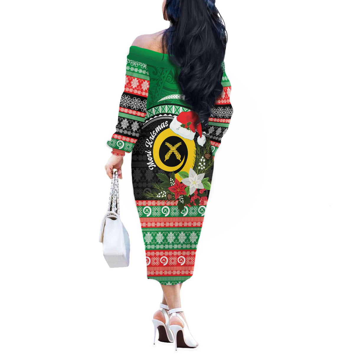 Vanuatu Pig's Tusk Meri Krismas! Off The Shoulder Long Sleeve Dress Vanuatuan Sand Drawing Pattern - Polynesian Pride