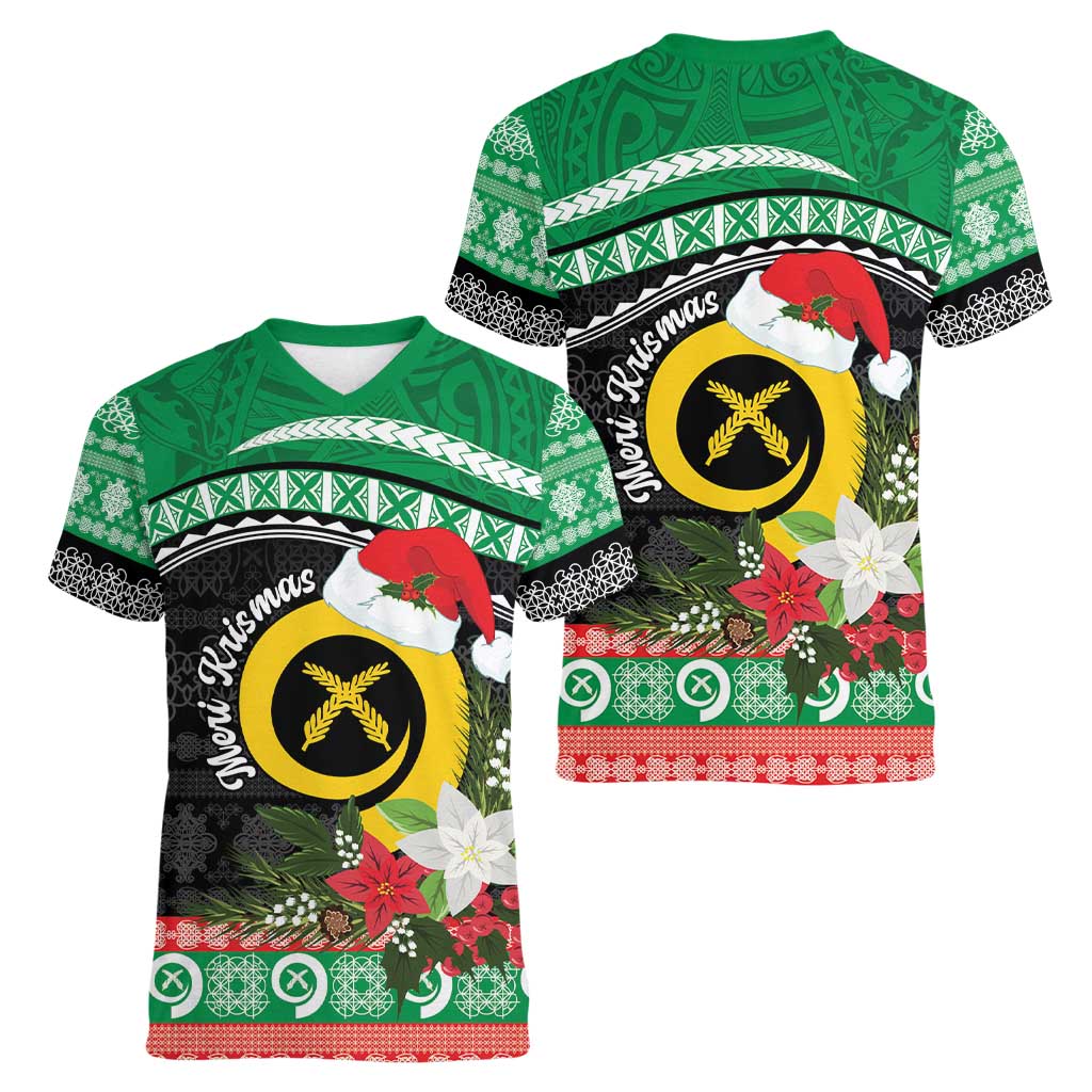 Vanuatu Pig's Tusk Meri Krismas! Women V-Neck T-Shirt Vanuatuan Sand Drawing Pattern - Polynesian Pride