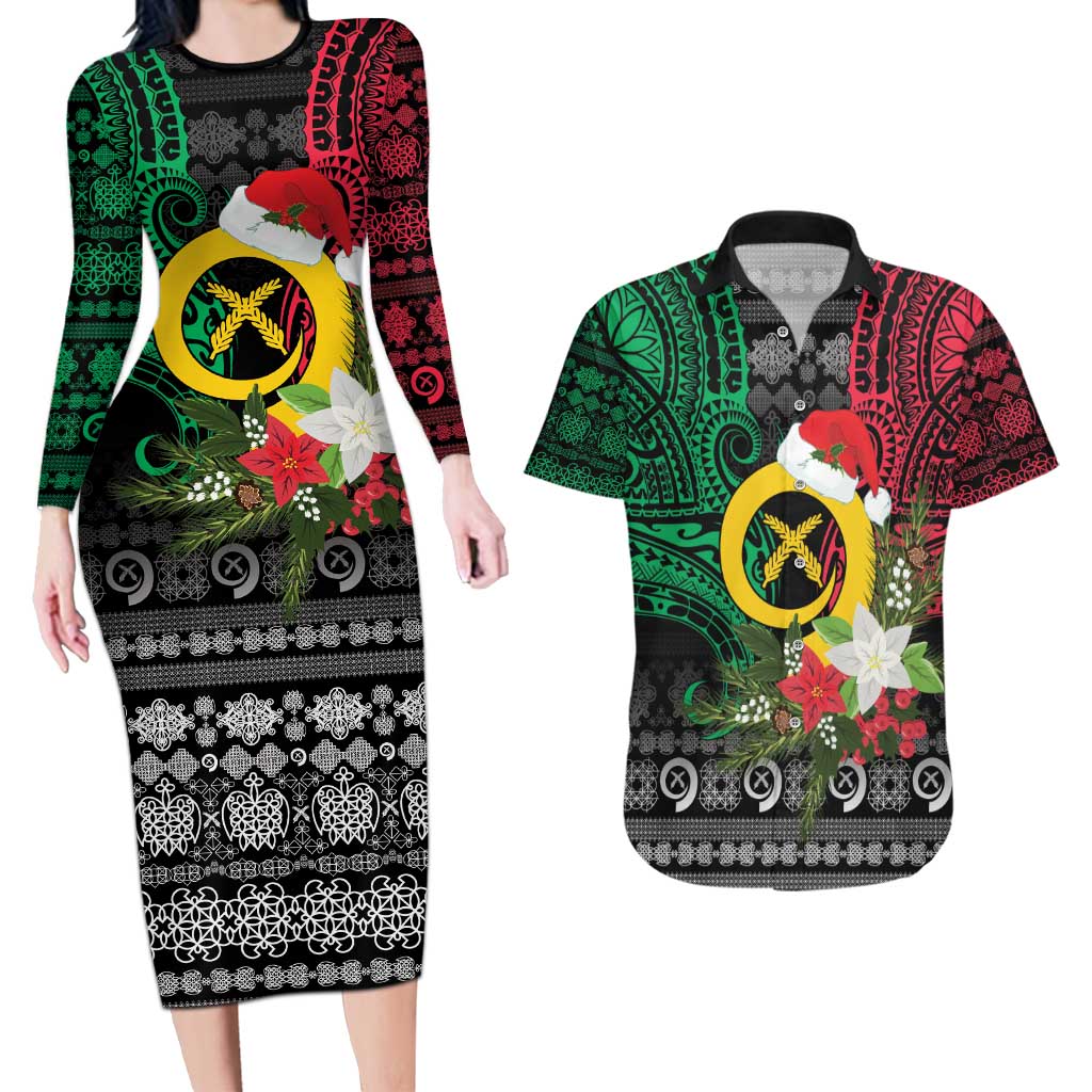 Vanuatu Pig's Tusk Meri Krismas! Couples Matching Long Sleeve Bodycon Dress and Hawaiian Shirt Vanuatuan Ancient Art Spirit - Polynesian Pride