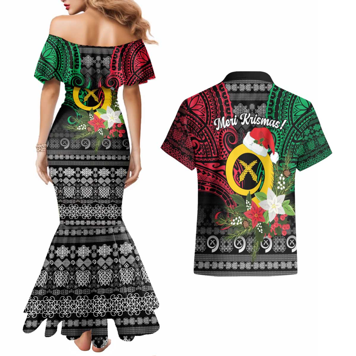 Vanuatu Pig's Tusk Meri Krismas! Couples Matching Mermaid Dress and Hawaiian Shirt Vanuatuan Ancient Art Spirit - Polynesian Pride