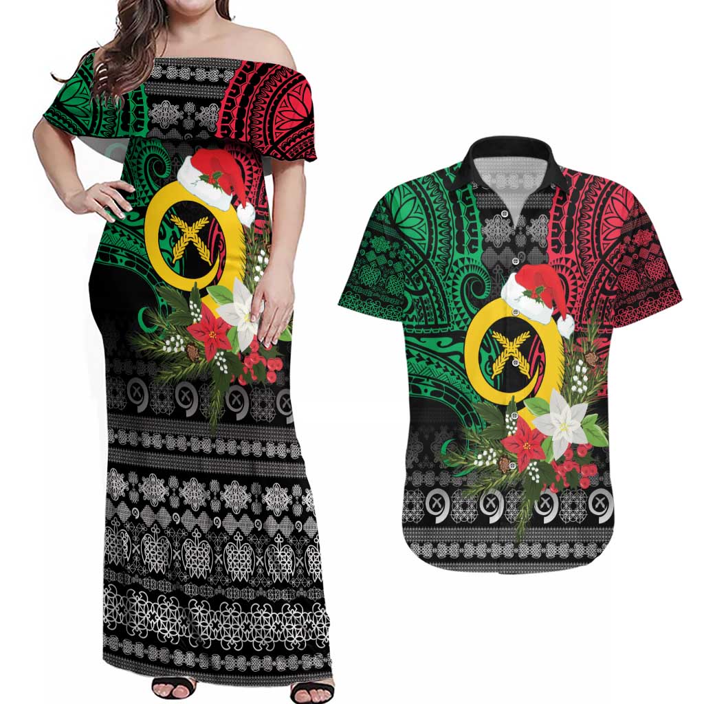 Vanuatu Pig's Tusk Meri Krismas! Couples Matching Off Shoulder Maxi Dress and Hawaiian Shirt Vanuatuan Ancient Art Spirit - Polynesian Pride