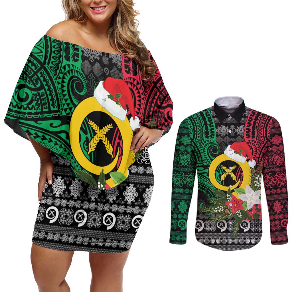 Vanuatu Pig's Tusk Meri Krismas! Couples Matching Off Shoulder Short Dress and Long Sleeve Button Shirt Vanuatuan Ancient Art Spirit - Polynesian Pride