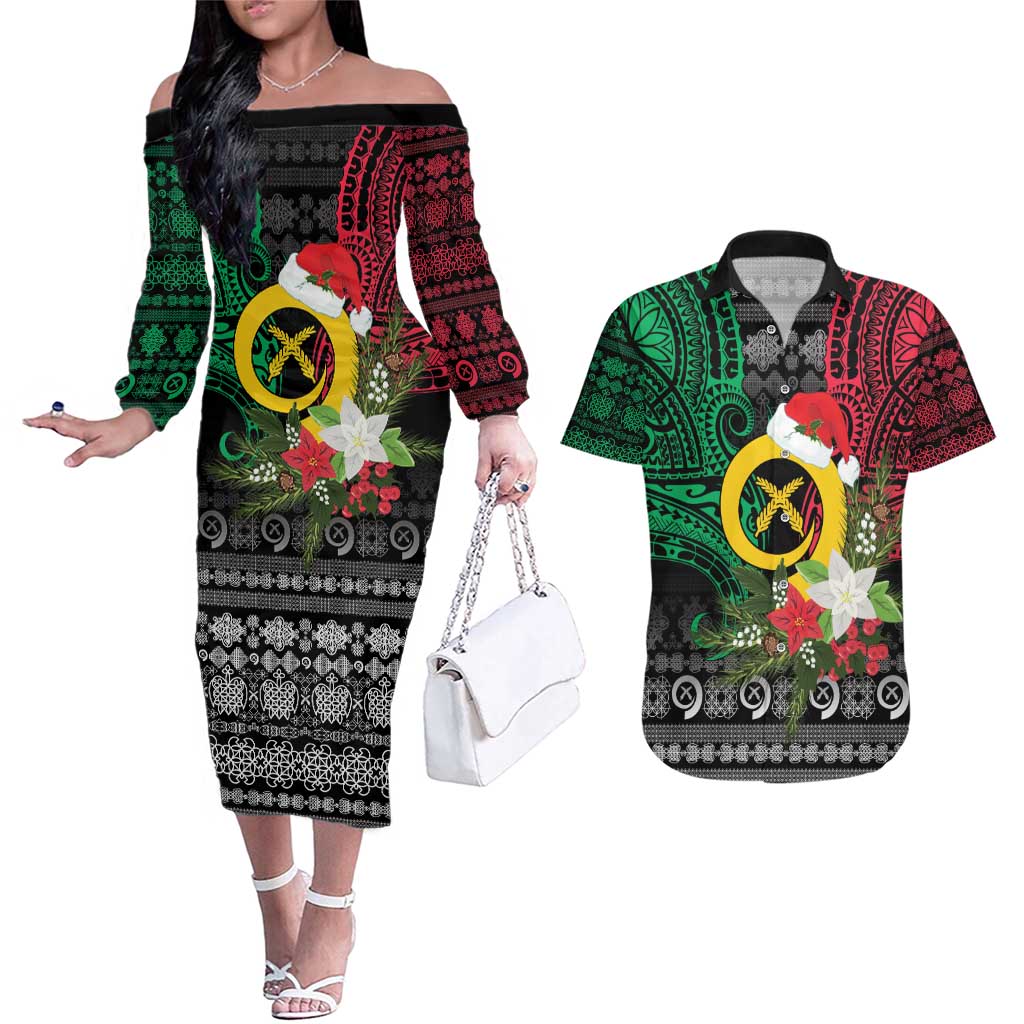 Vanuatu Pig's Tusk Meri Krismas! Couples Matching Off The Shoulder Long Sleeve Dress and Hawaiian Shirt Vanuatuan Ancient Art Spirit - Polynesian Pride