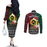 Vanuatu Pig's Tusk Meri Krismas! Couples Matching Off The Shoulder Long Sleeve Dress and Long Sleeve Button Shirt Vanuatuan Ancient Art Spirit - Polynesian Pride