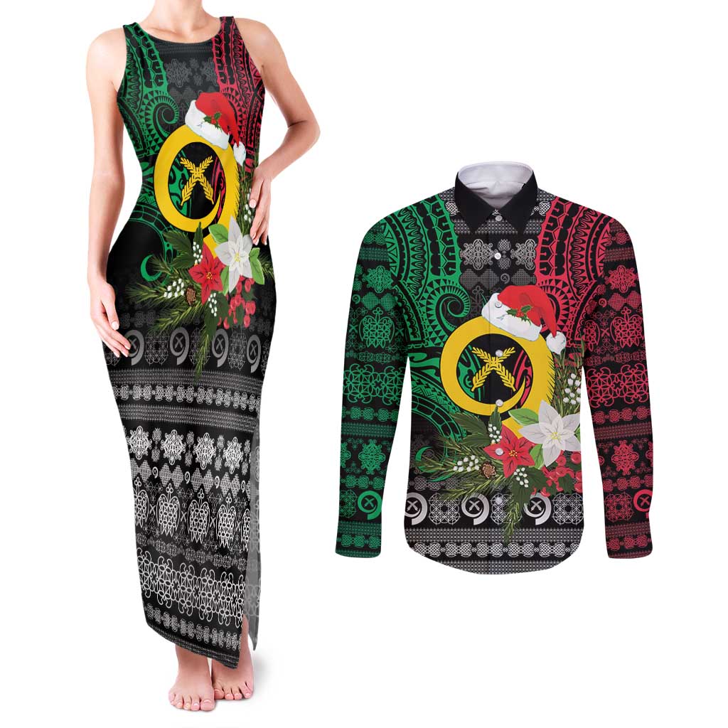 Vanuatu Pig's Tusk Meri Krismas! Couples Matching Tank Maxi Dress and Long Sleeve Button Shirt Vanuatuan Ancient Art Spirit - Polynesian Pride