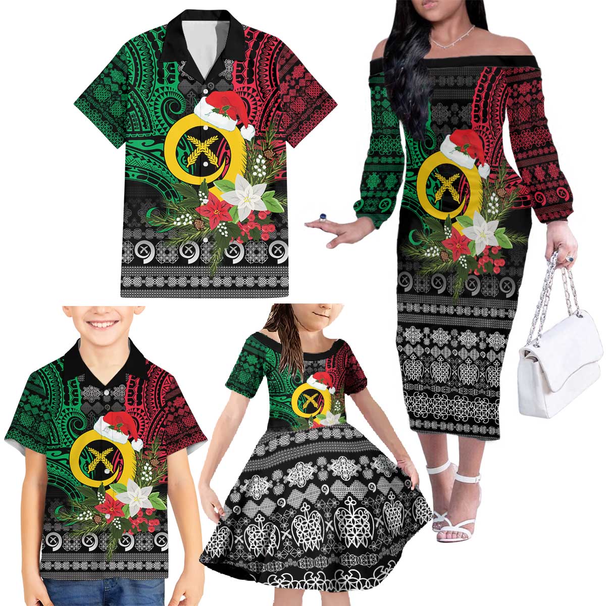 Vanuatu Pig's Tusk Meri Krismas! Family Matching Off The Shoulder Long Sleeve Dress and Hawaiian Shirt Vanuatuan Ancient Art Spirit - Polynesian Pride