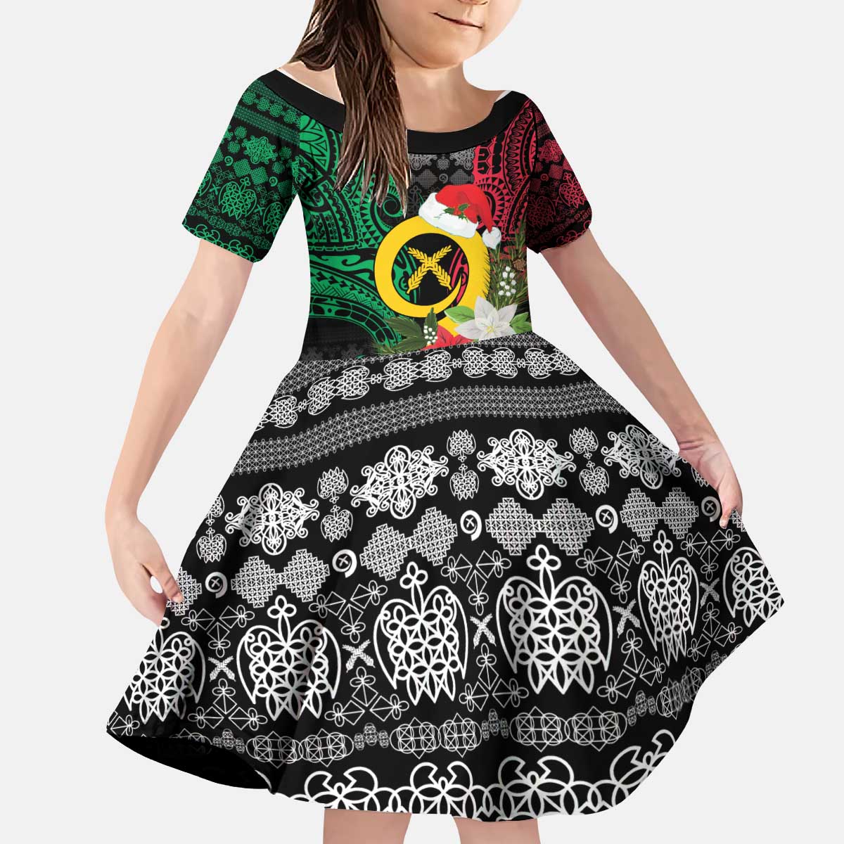 Vanuatu Pig's Tusk Meri Krismas! Kid Short Sleeve Dress Vanuatuan Ancient Art Spirit - Polynesian Pride