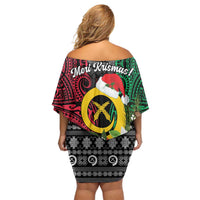 Vanuatu Pig's Tusk Meri Krismas! Off Shoulder Short Dress Vanuatuan Ancient Art Spirit - Polynesian Pride
