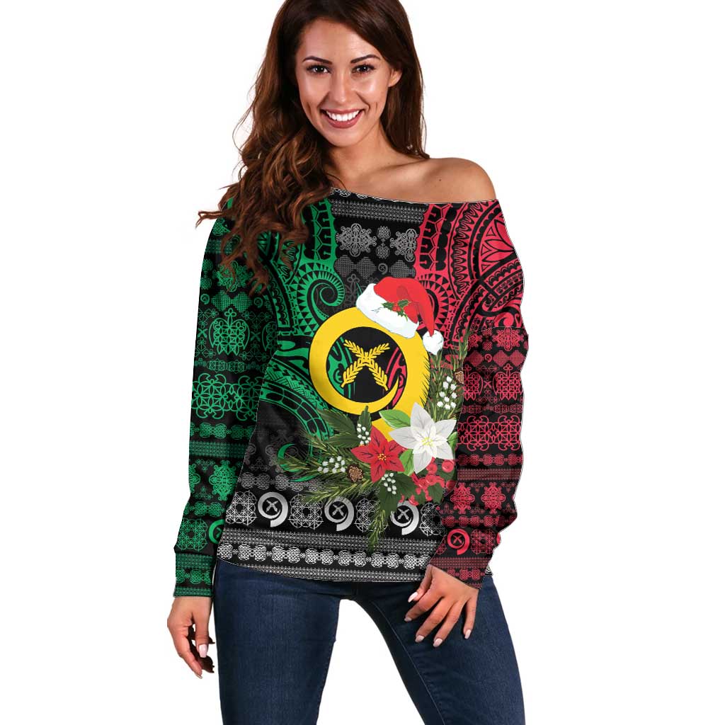Vanuatu Pig's Tusk Meri Krismas! Off Shoulder Sweater Vanuatuan Ancient Art Spirit - Polynesian Pride