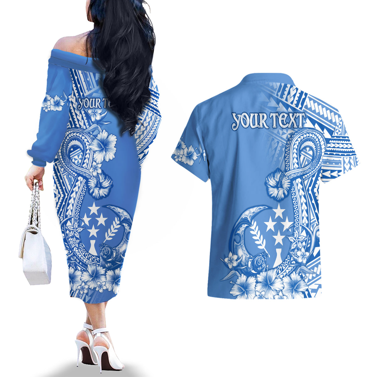 Kosrae Constitution Day Personalised Couples Matching Off The Shoulder Long Sleeve Dress and Hawaiian Shirt Kusaie Hook Tattoo Special Polynesian Pattern LT9 - Polynesian Pride