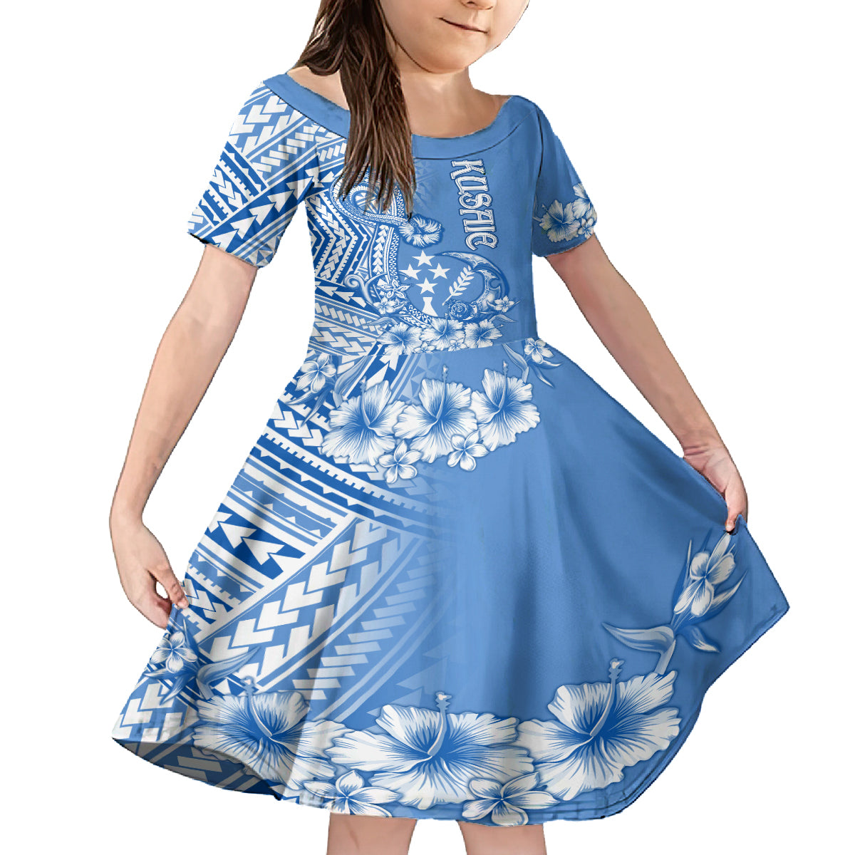 Kosrae Constitution Day Personalised Family Matching Off Shoulder Maxi Dress and Hawaiian Shirt Kusaie Hook Tattoo Special Polynesian Pattern LT9 Daughter's Dress Blue - Polynesian Pride