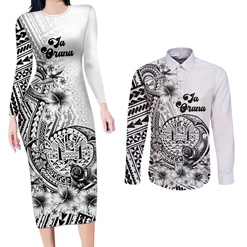 Ia Orana Tahiti Personalised Couples Matching Long Sleeve Bodycon Dress and Long Sleeve Button Shirt French Polynesia Hook Tattoo Special White Color LT9