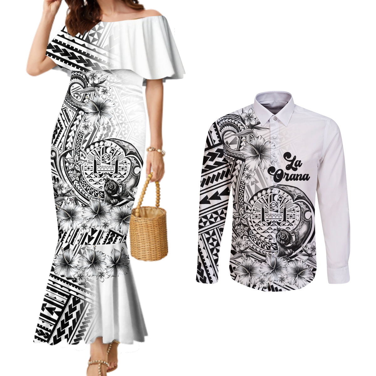 La Orana Tahiti Personalised Couples Matching Mermaid Dress and Long Sleeve Button Shirt French Polynesia Hook Tattoo Special White Color LT9 White - Polynesian Pride