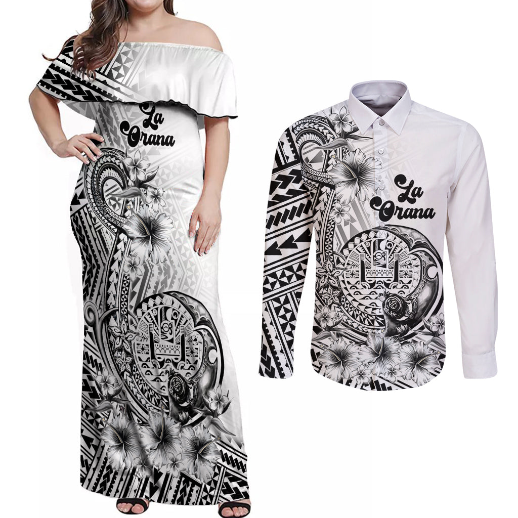 La Orana Tahiti Personalised Couples Matching Off Shoulder Maxi Dress and Long Sleeve Button Shirt French Polynesia Hook Tattoo Special White Color LT9 White - Polynesian Pride