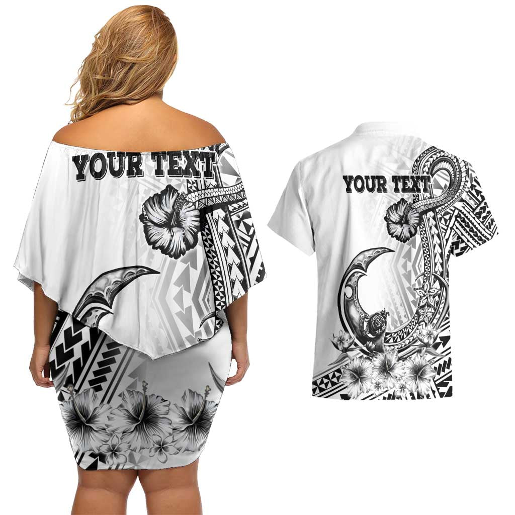 Ia Orana Tahiti Personalised Couples Matching Off Shoulder Short Dress and Hawaiian Shirt French Polynesia Hook Tattoo Special White Color LT9