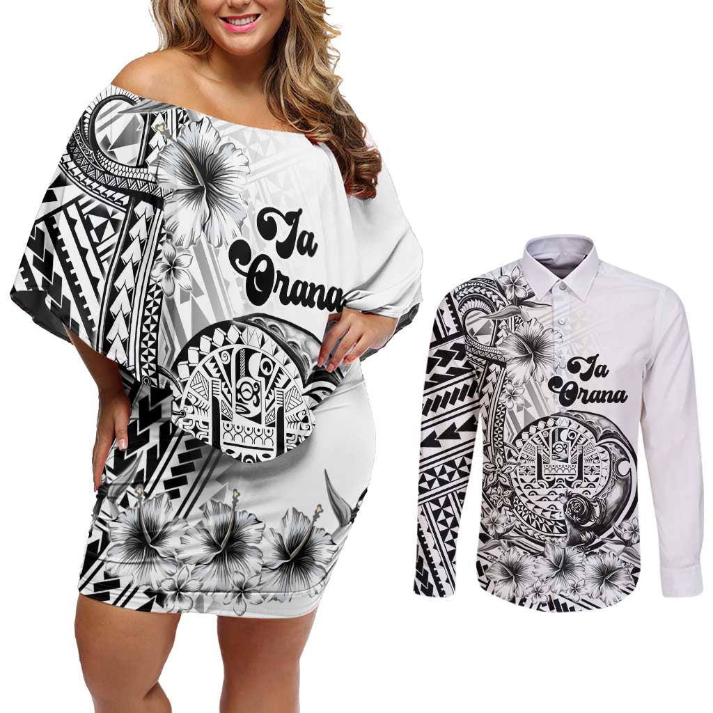 La Orana Tahiti Personalised Couples Matching Off Shoulder Short Dress and Long Sleeve Button Shirt French Polynesia Hook Tattoo Special White Color LT9 White - Polynesian Pride