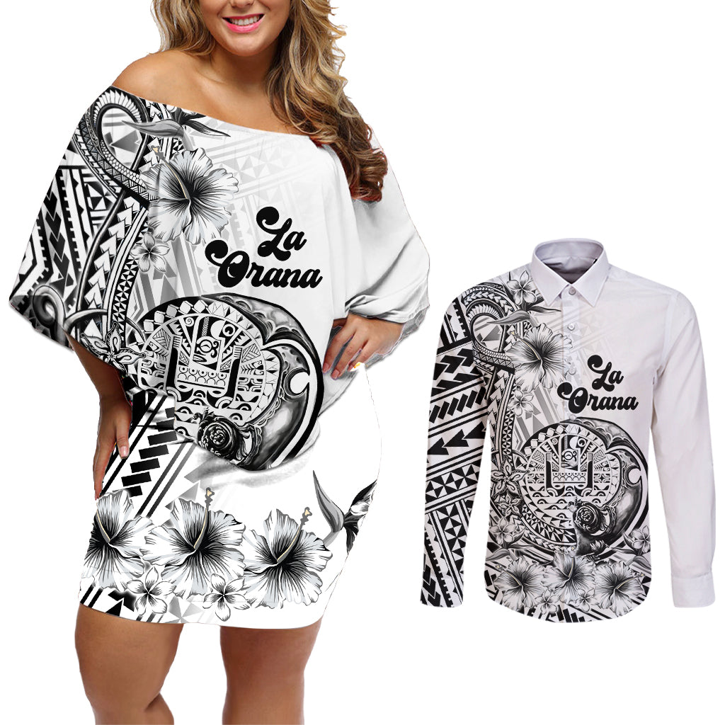 La Orana Tahiti Personalised Couples Matching Off Shoulder Short Dress and Long Sleeve Button Shirt French Polynesia Hook Tattoo Special White Color LT9 White - Polynesian Pride