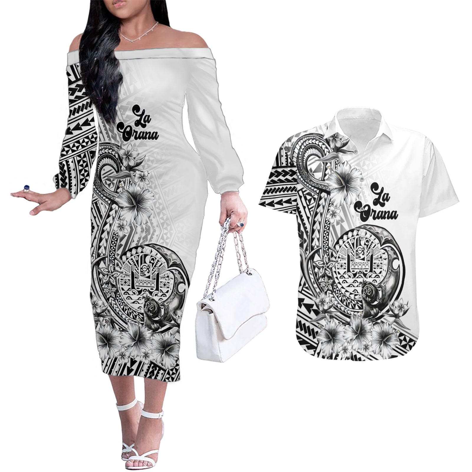 La Orana Tahiti Personalised Couples Matching Off The Shoulder Long Sleeve Dress and Hawaiian Shirt French Polynesia Hook Tattoo Special White Color LT9 White - Polynesian Pride