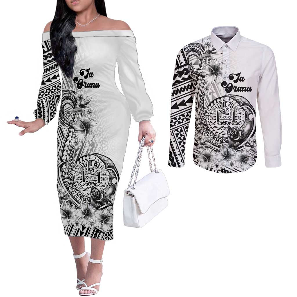 Ia Orana Tahiti Personalised Couples Matching Off The Shoulder Long Sleeve Dress and Long Sleeve Button Shirt French Polynesia Hook Tattoo Special White Color LT9