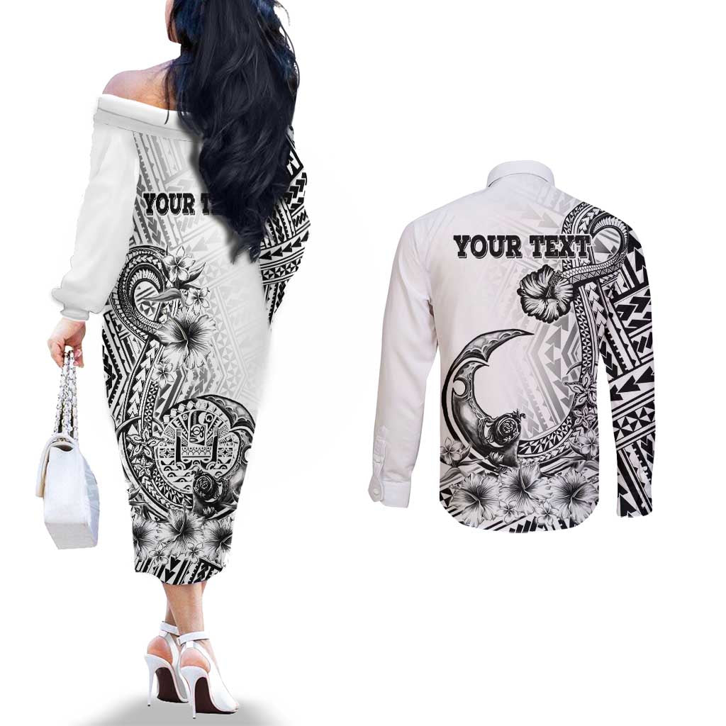 Ia Orana Tahiti Personalised Couples Matching Off The Shoulder Long Sleeve Dress and Long Sleeve Button Shirt French Polynesia Hook Tattoo Special White Color LT9