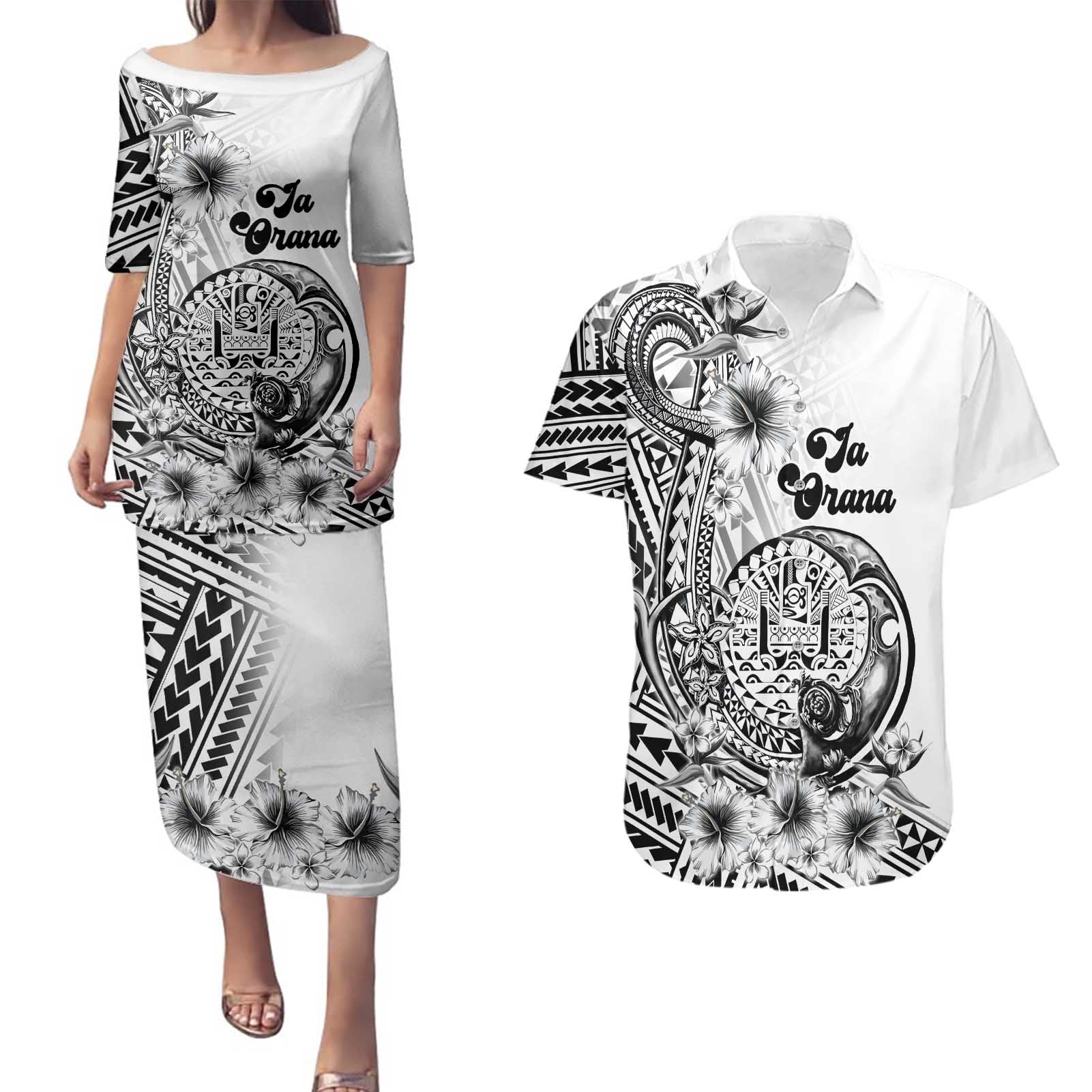 La Orana Tahiti Personalised Couples Matching Puletasi Dress and Hawaiian Shirt French Polynesia Hook Tattoo Special White Color LT9 White - Polynesian Pride