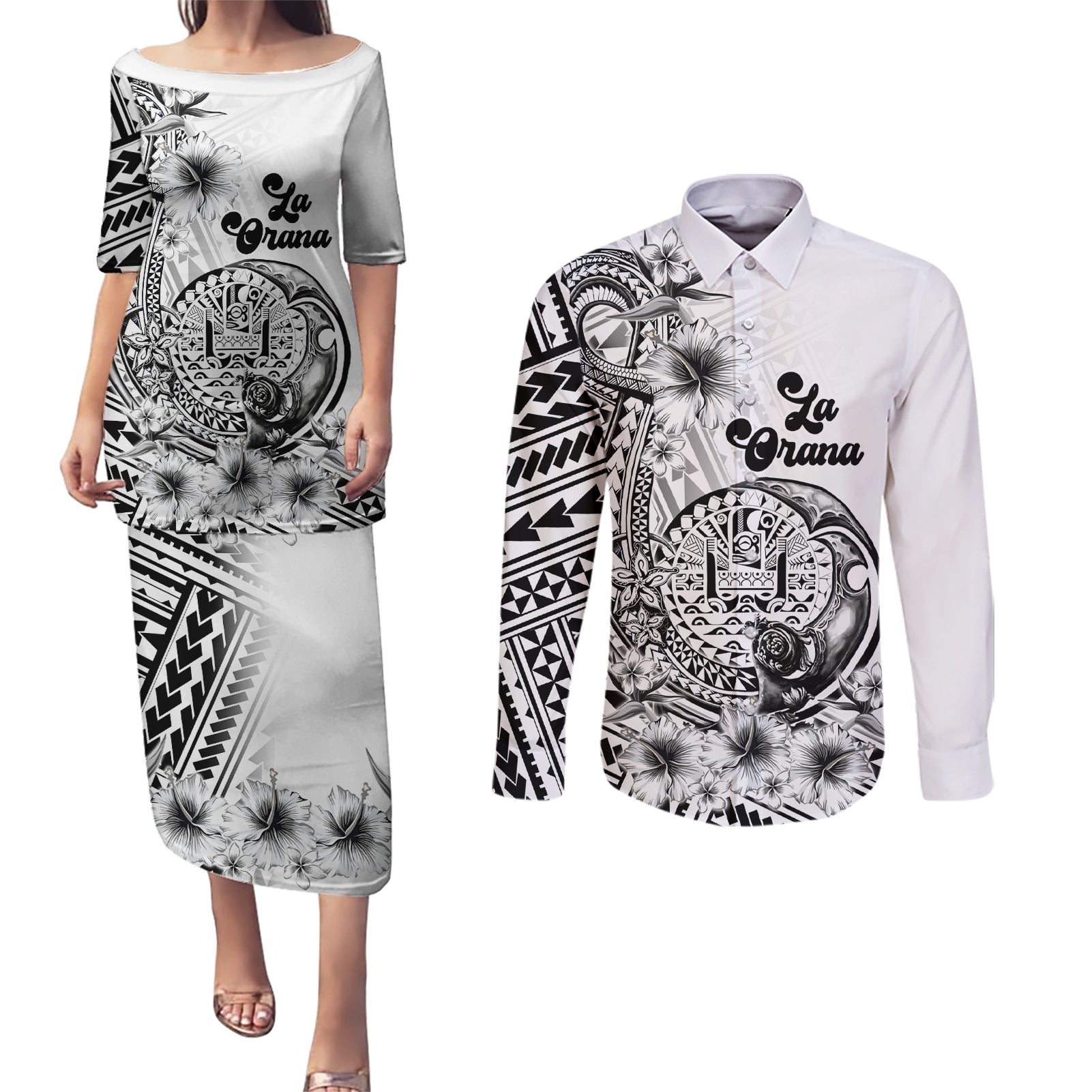 La Orana Tahiti Personalised Couples Matching Puletasi Dress and Long Sleeve Button Shirt French Polynesia Hook Tattoo Special White Color LT9 White - Polynesian Pride