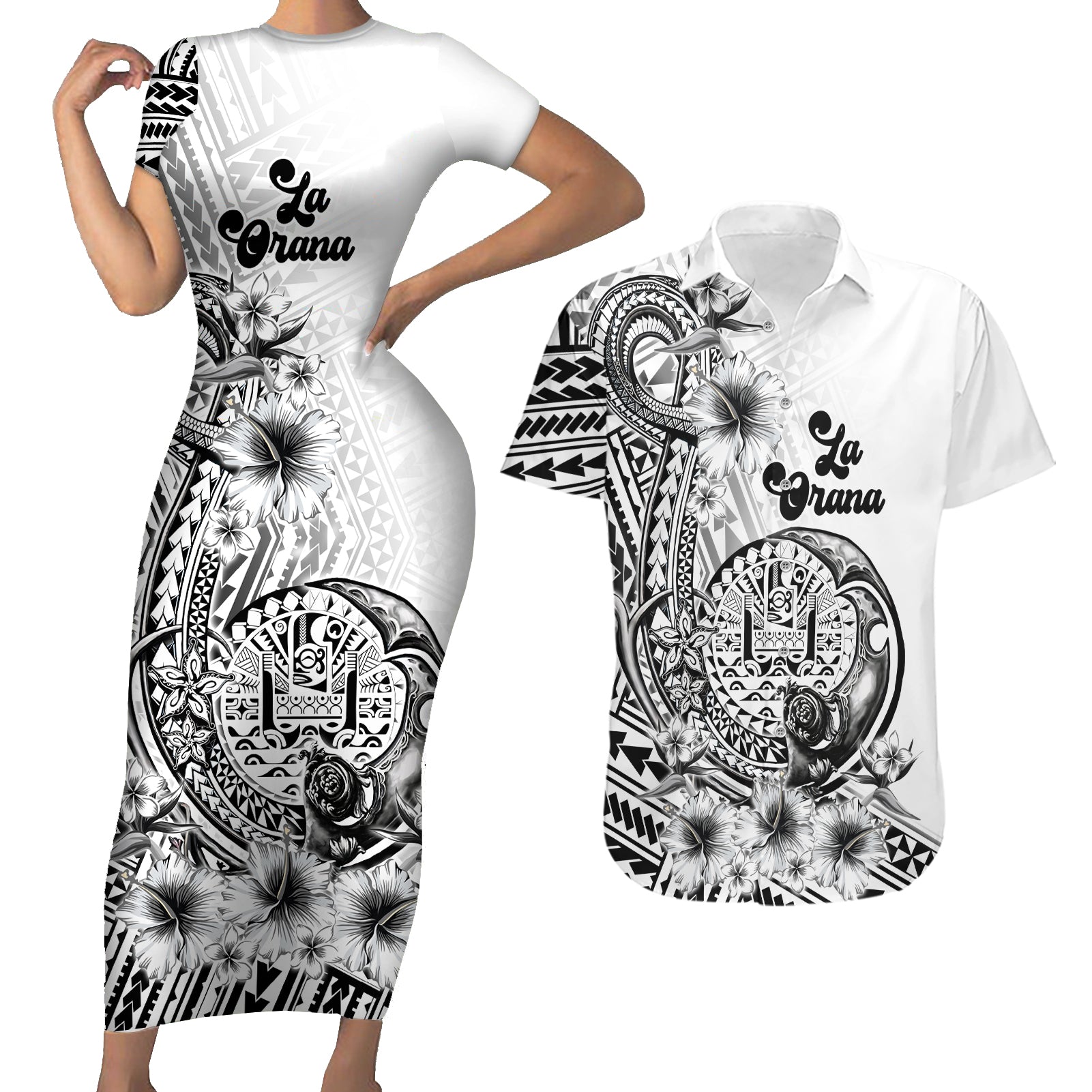 La Orana Tahiti Personalised Couples Matching Short Sleeve Bodycon Dress and Hawaiian Shirt French Polynesia Hook Tattoo Special White Color LT9 White - Polynesian Pride