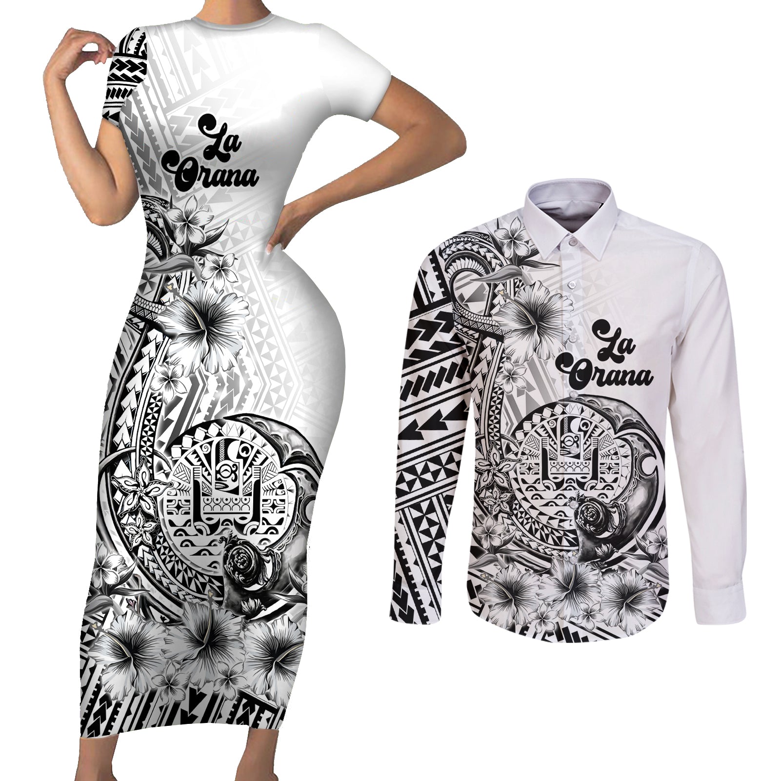 La Orana Tahiti Personalised Couples Matching Short Sleeve Bodycon Dress and Long Sleeve Button Shirt French Polynesia Hook Tattoo Special White Color LT9 White - Polynesian Pride