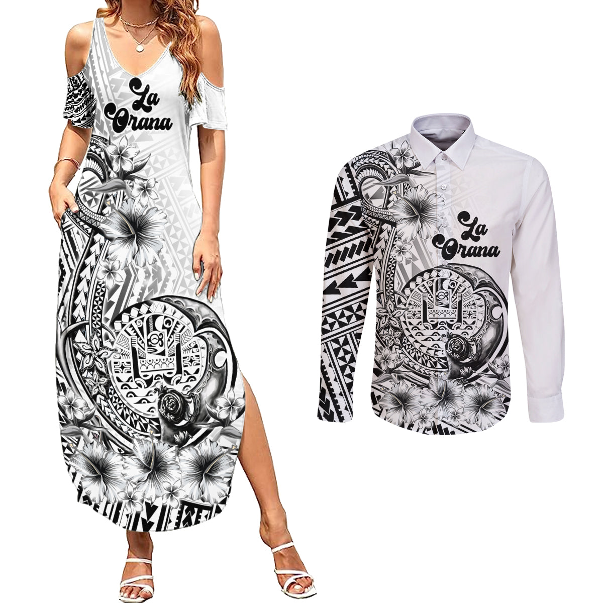 La Orana Tahiti Personalised Couples Matching Summer Maxi Dress and Long Sleeve Button Shirt French Polynesia Hook Tattoo Special White Color LT9 White - Polynesian Pride