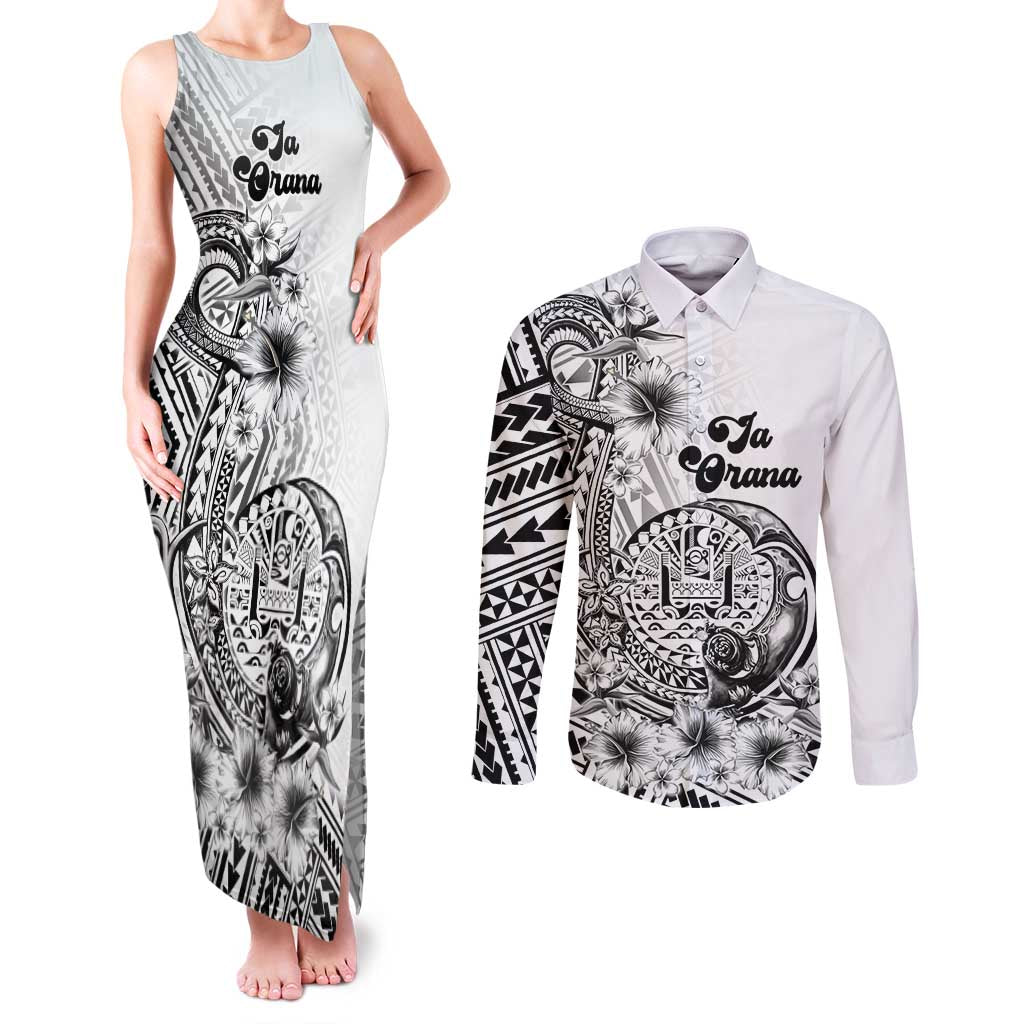 Ia Orana Tahiti Personalised Couples Matching Tank Maxi Dress and Long Sleeve Button Shirt French Polynesia Hook Tattoo Special White Color LT9