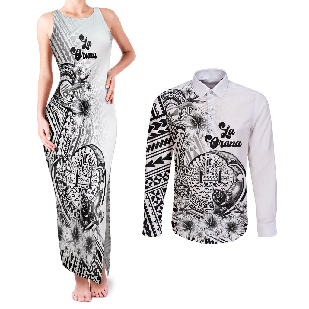 La Orana Tahiti Personalised Couples Matching Tank Maxi Dress and Long Sleeve Button Shirt French Polynesia Hook Tattoo Special White Color LT9 White - Polynesian Pride