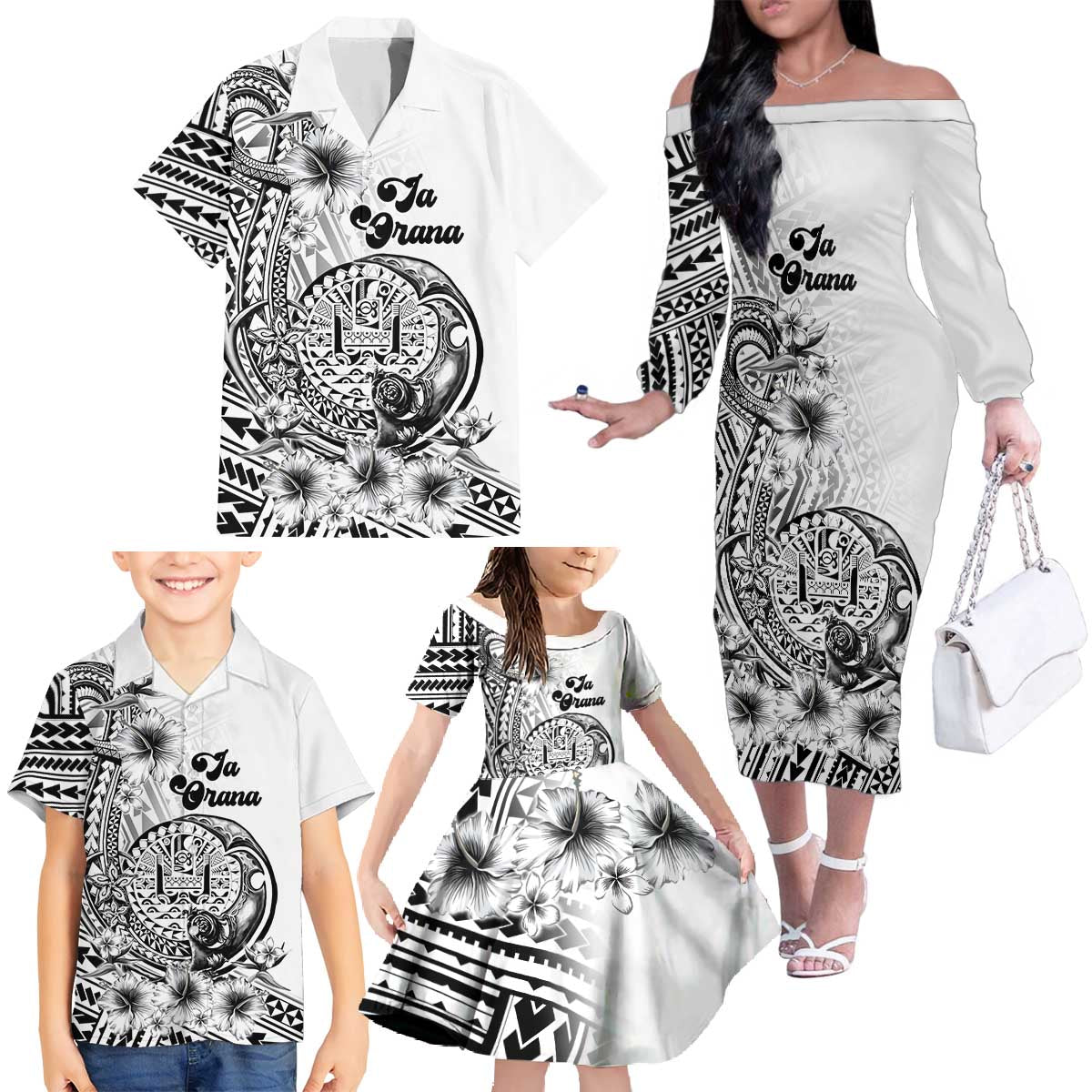 La Orana Tahiti Personalised Family Matching Off Shoulder Long Sleeve Dress and Hawaiian Shirt French Polynesia Hook Tattoo Special White Color LT9 - Polynesian Pride