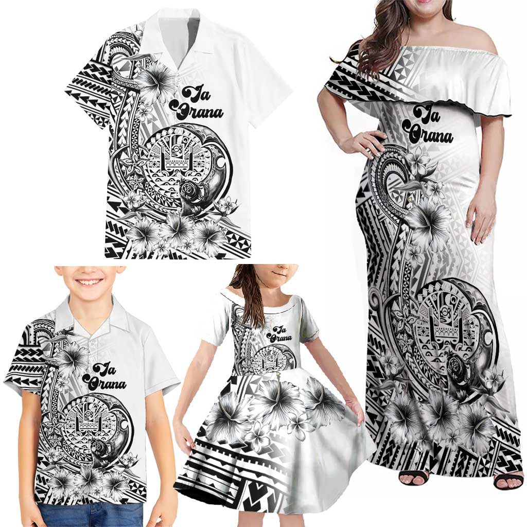 Ia Orana Tahiti Personalised Family Matching Off Shoulder Maxi Dress and Hawaiian Shirt French Polynesia Hook Tattoo Special White Color LT9