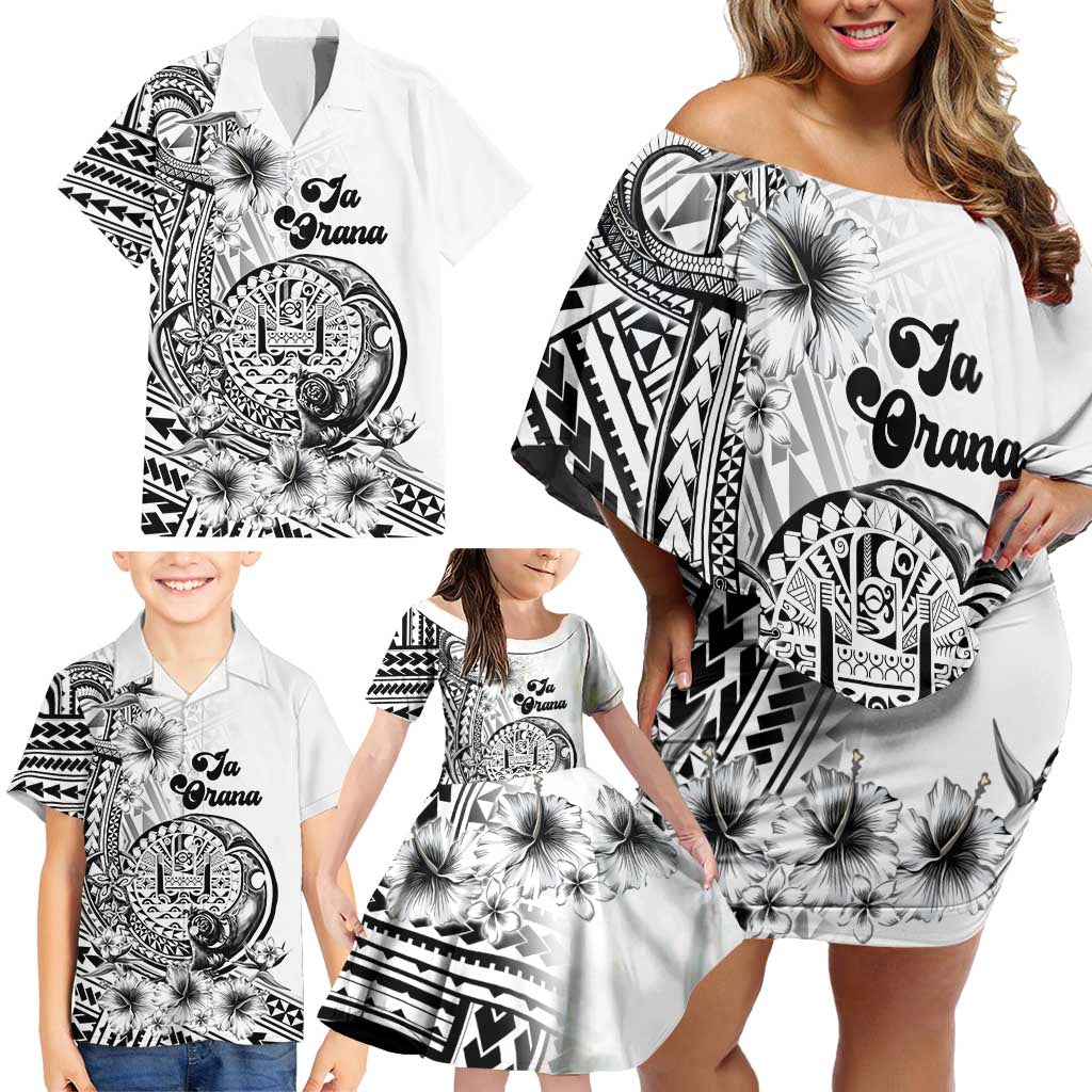 La Orana Tahiti Personalised Family Matching Off Shoulder Short Dress and Hawaiian Shirt French Polynesia Hook Tattoo Special White Color LT9 - Polynesian Pride