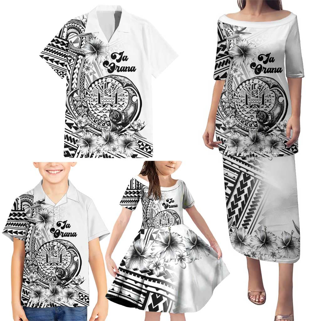 La Orana Tahiti Personalised Family Matching Puletasi Dress and Hawaiian Shirt French Polynesia Hook Tattoo Special White Color LT9 - Polynesian Pride