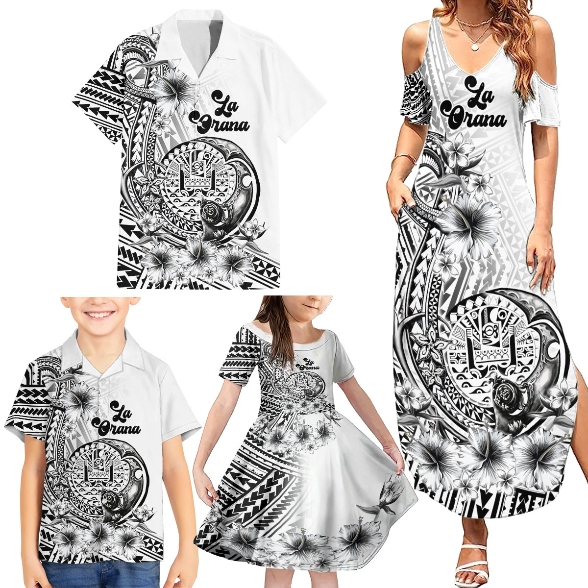 La Orana Tahiti Personalised Family Matching Summer Maxi Dress and Hawaiian Shirt French Polynesia Hook Tattoo Special White Color LT9 - Polynesian Pride