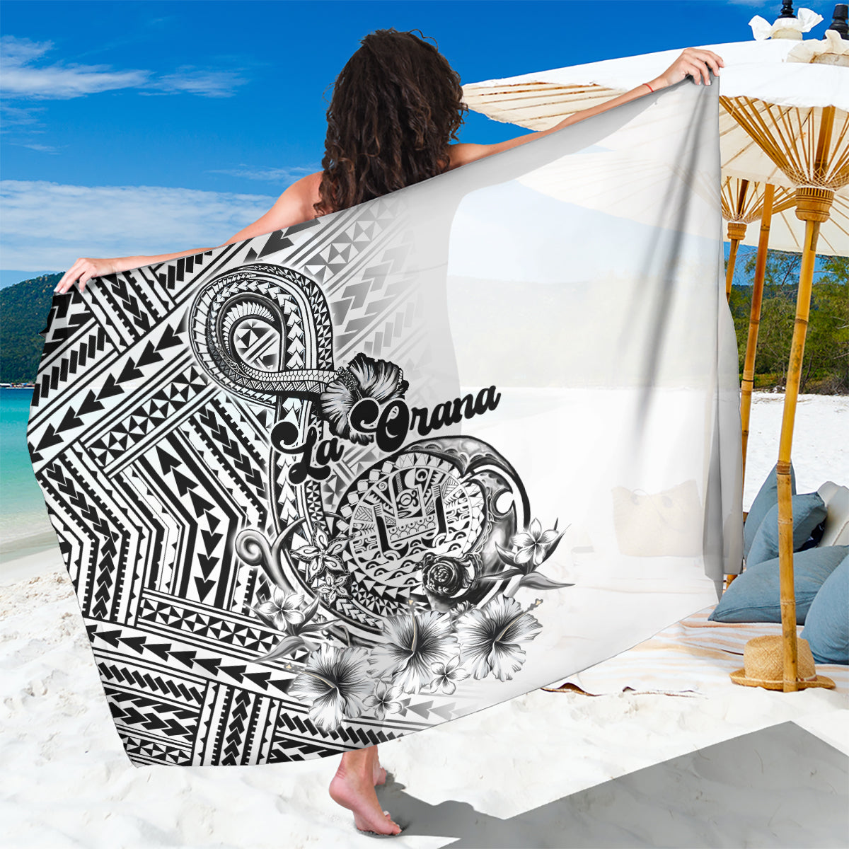 La Orana Tahiti Personalised Sarong French Polynesia Hook Tattoo Special White Color LT9 One Size 44 x 66 inches White - Polynesian Pride