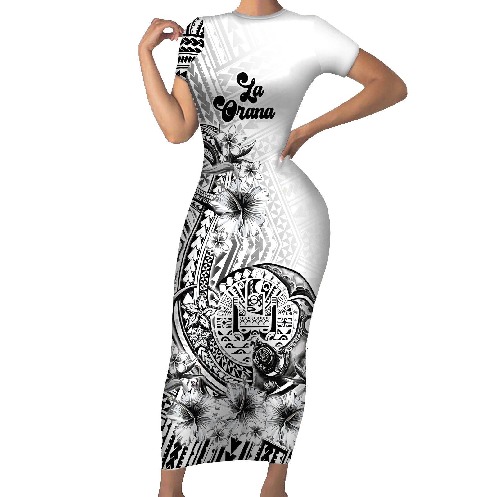 La Orana Tahiti Personalised Short Sleeve Bodycon Dress French Polynesia Hook Tattoo Special White Color LT9 Long Dress White - Polynesian Pride