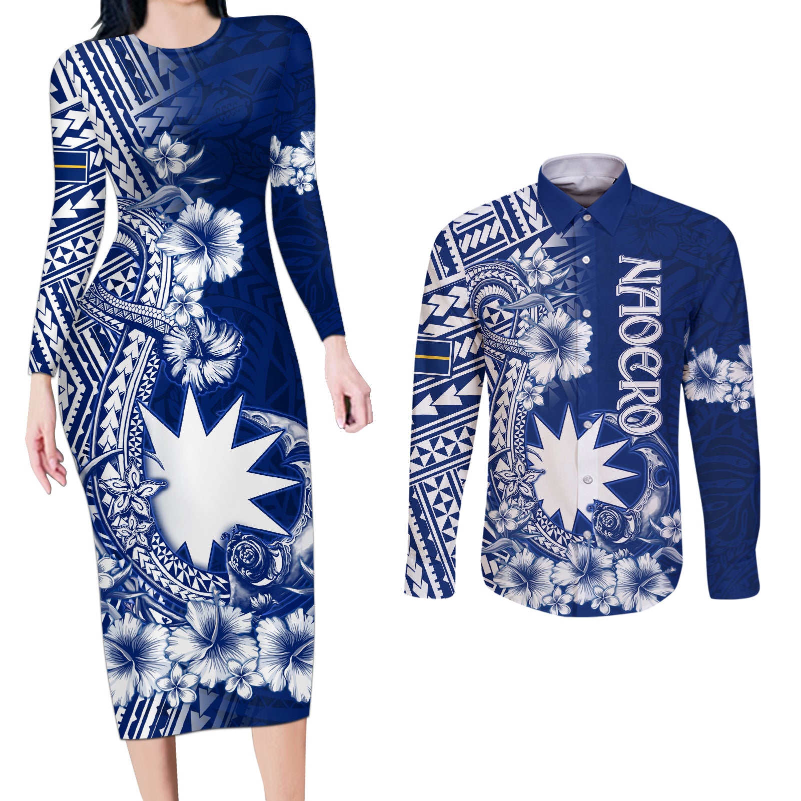 Nauru Independence Personalised Couples Matching Long Sleeve Bodycon Dress and Long Sleeve Button Shirt Naoero Hook Tattoo Special Polynesian Pattern LT9 Blue - Polynesian Pride