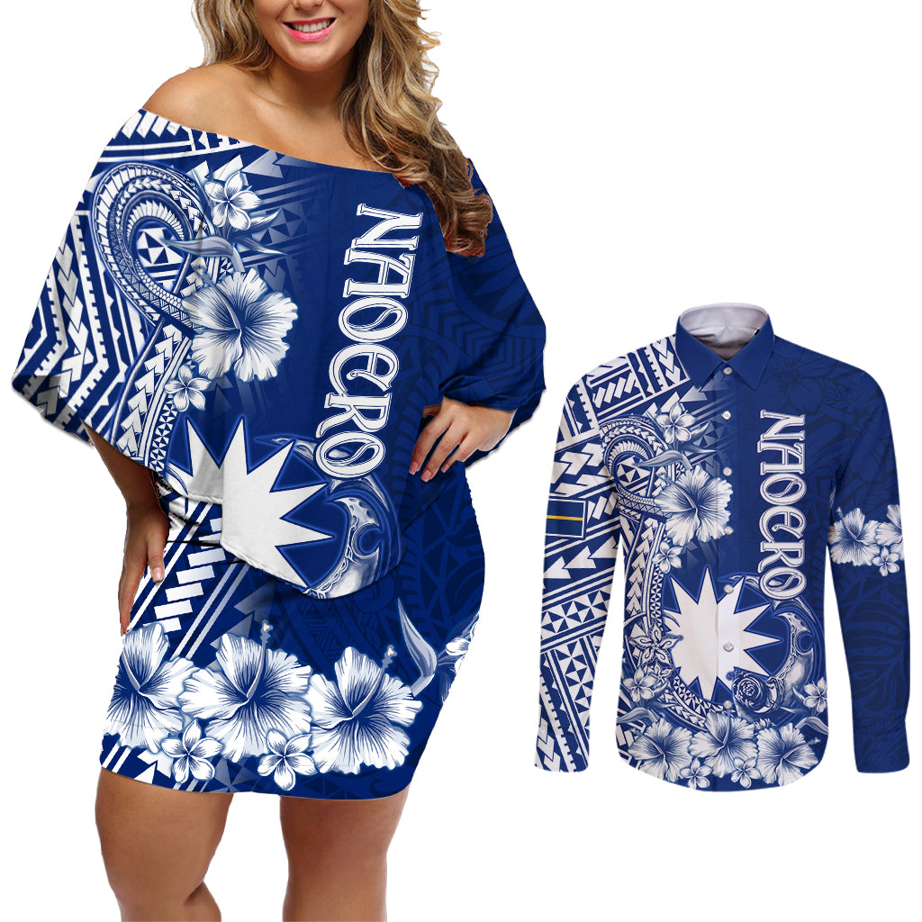 Nauru Independence Personalised Couples Matching Off Shoulder Short Dress and Long Sleeve Button Shirt Naoero Hook Tattoo Special Polynesian Pattern LT9 Blue - Polynesian Pride