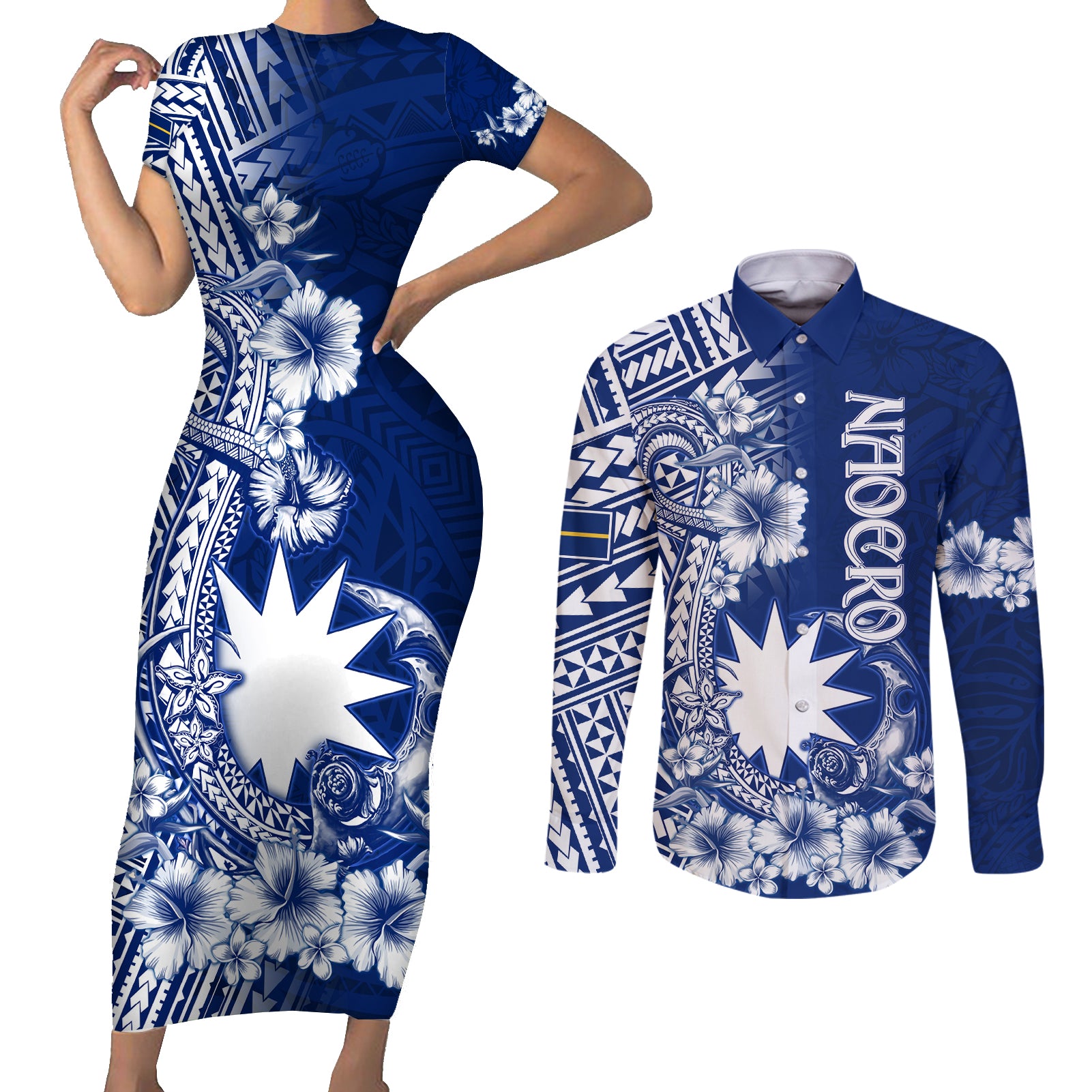Nauru Independence Personalised Couples Matching Short Sleeve Bodycon Dress and Long Sleeve Button Shirt Naoero Hook Tattoo Special Polynesian Pattern LT9 Blue - Polynesian Pride