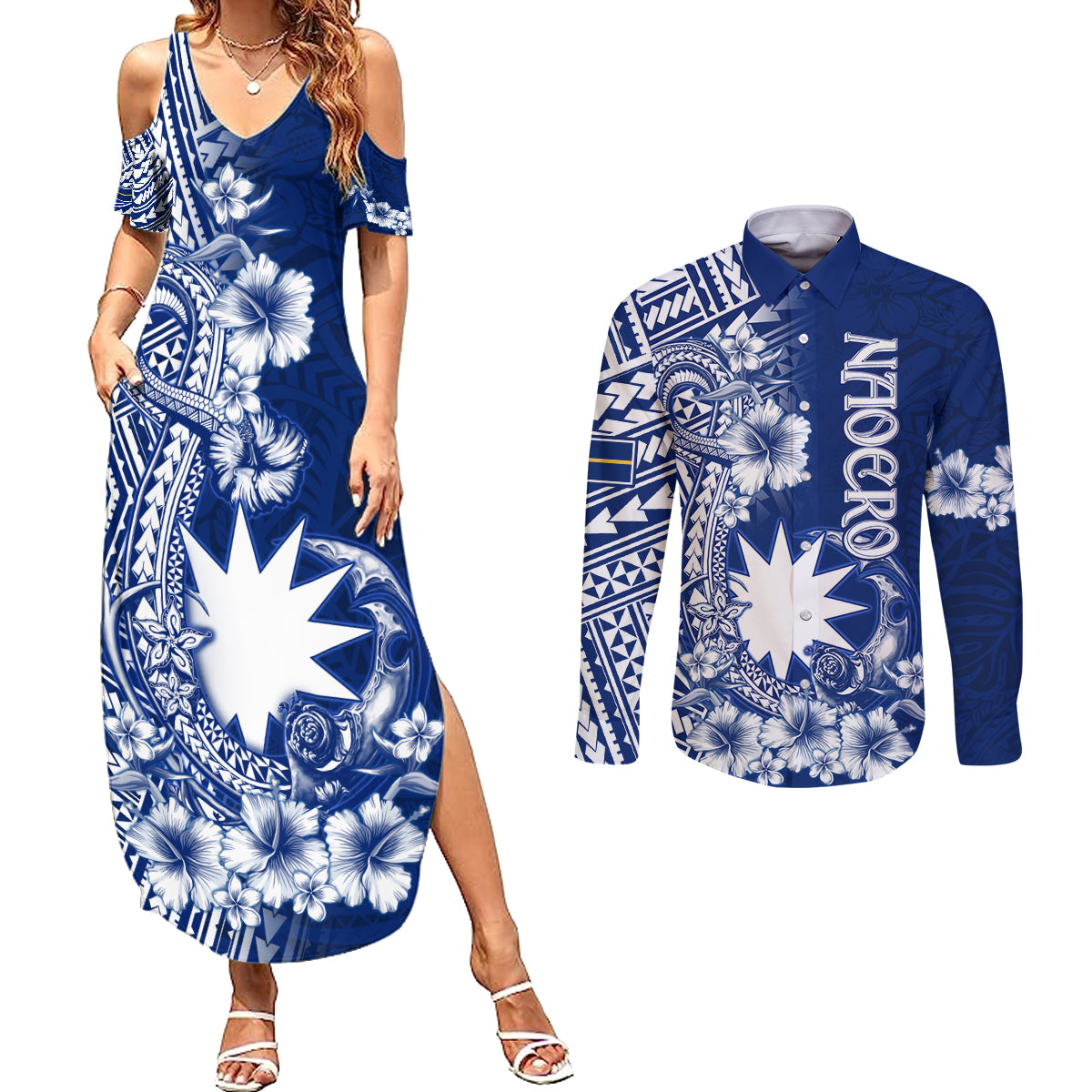 Nauru Independence Personalised Couples Matching Summer Maxi Dress and Long Sleeve Button Shirt Naoero Hook Tattoo Special Polynesian Pattern LT9 Blue - Polynesian Pride
