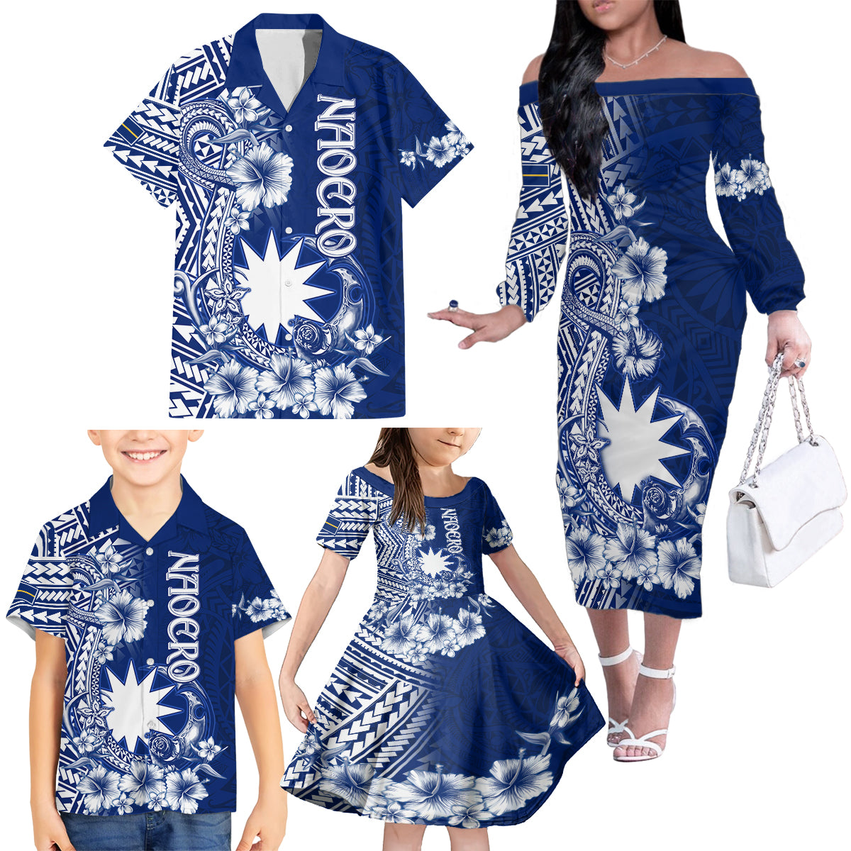 Nauru Independence Personalised Family Matching Off Shoulder Long Sleeve Dress and Hawaiian Shirt Naoero Hook Tattoo Special Polynesian Pattern LT9 - Polynesian Pride